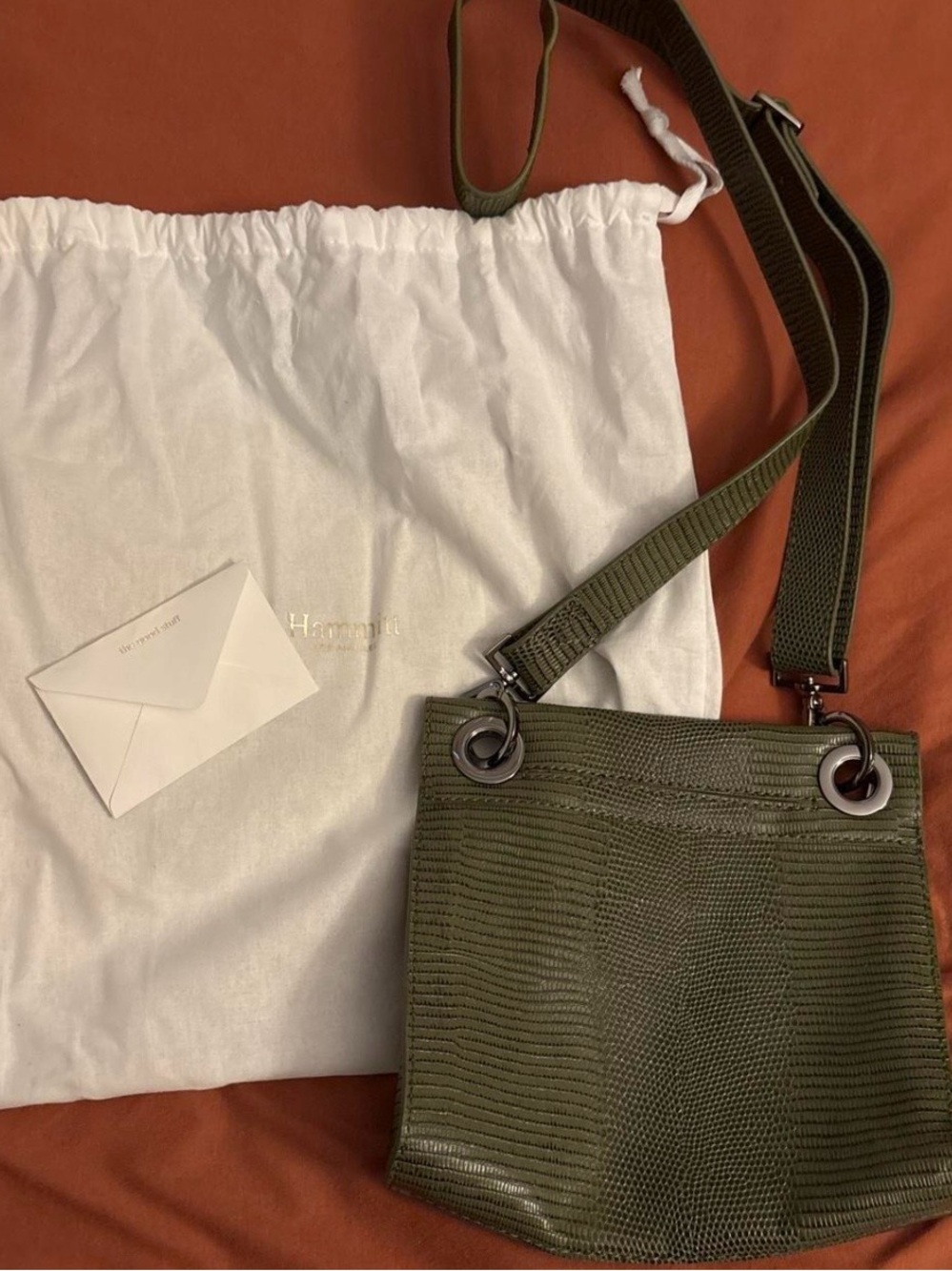 EUC Hammitt Olive Textured Crossbody with Metal Grommets